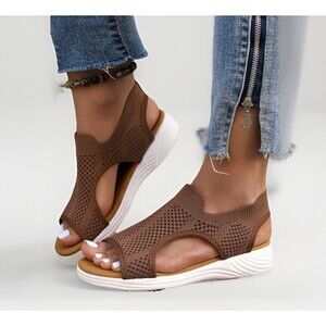 Brown Stretch Knit Sport Sandals Slip On Walking Comfort Shoes 6.5 EU 37 Travel